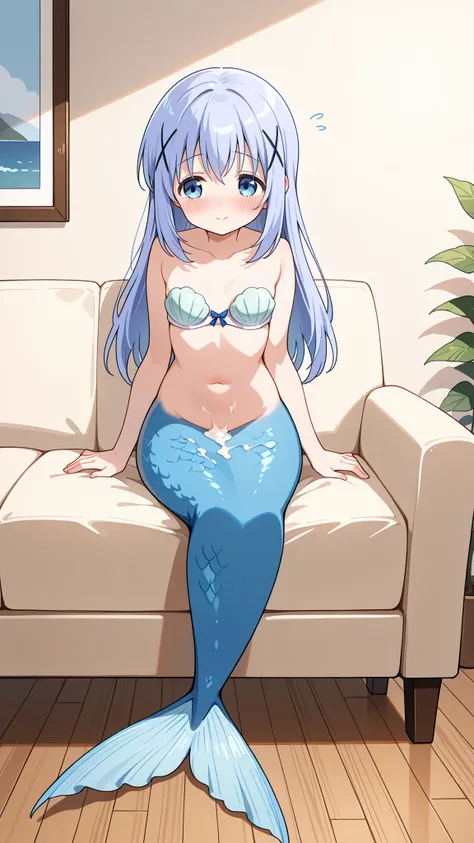 1 female, Shell Bra ,c-chino,long hair,Full body picture,best quality,is very beautiful,Ridiculous,masterpiece after sex,性爱后的masterpiece after sex,( All five fingers ),Mermaid,The lower half of the body is a light blue fishtail,shy,Blush,Smile,Indoor,liv...