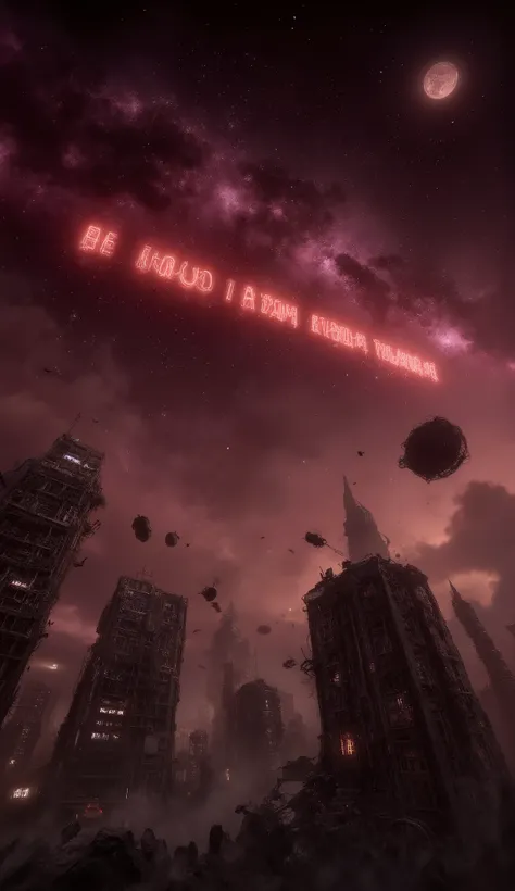 mahakarya、KUALITAS TOP、Dunia Modern Runtuh、Bunch of collapsed buildings、Shimmering starry sky、Error messages hovering in the sky、Errors Everywhere、Glowing error display、Real Horror CGI Style、Red glowing characters in error messages spread across the sky。