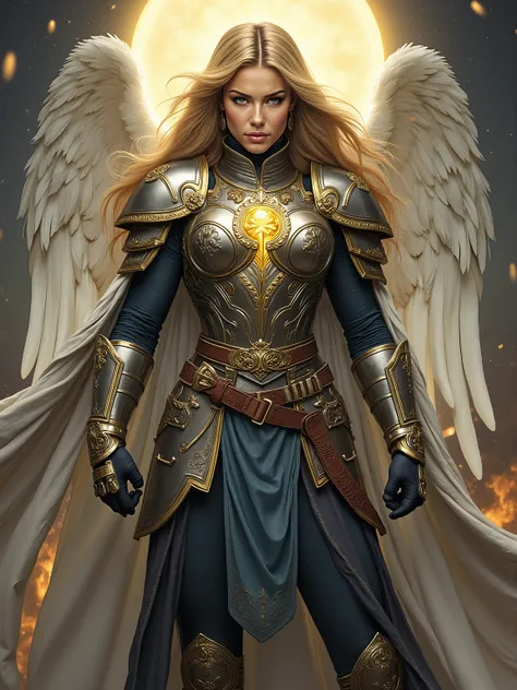 An extremely detailed movie poster of a stunningly beautiful muscletall Aasimar from dungeons and dragons descended from an angelic being infused with celestial power with features that hint at her celestial heritage such as metallic freckles luminous eyes...