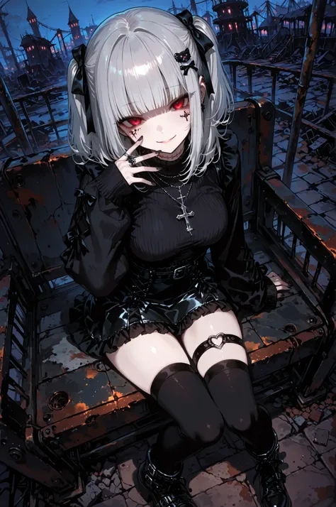 1girl ,silver hair ,medium hair ,blunt bangs ,breasts ,cross necklace ,jirai kei ,necklace ,sleeves past wrists ,long sleeves ,tsurime ,looking at viewer ,black nails ,hand up ,black sweater ,red eyes ,face tattoo ,hair ornament ,black skirt ,mini skirt ,f...