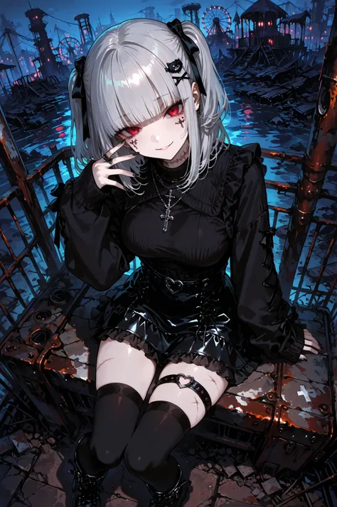 1girl ,silver hair ,medium hair ,blunt bangs ,breasts ,cross necklace ,jirai kei ,necklace ,sleeves past wrists ,long sleeves ,tsurime ,looking at viewer ,black nails ,hand up ,black sweater ,red eyes ,face tattoo ,hair ornament ,black skirt ,mini skirt ,f...