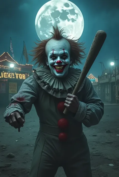 An evil horror clown wielding a baseball bat splattered with blood, face contorted into a malicious grin, standing in an abandoned carnival fairground. Deteriorated rides and broken attractions surround him, illuminated by an enormous full moon casting an ...