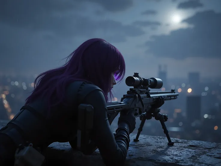 Female Sniper Android Assassin, Midnight 、Aim quietly at targets from unpopular heights, (Highest Quality,4K,8k,high resolution,masterpiece:1.2),super detailed,(Realistic,photoRealistic,photo-Realistic:1.37),dramatic lighting, gloomy atmosphere, Dramatic ...