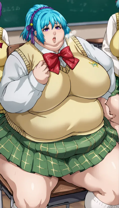 score_9, score_8_up, score_7_up, source_anime, kurumu kurono, short hair, blue hair, purple eyes, ponytail, ribbon, hair ribbon, hair ornament, large breasts,, shirt, white shirt, long sleeves, bow, red bow, sweater vest, yellow sweater vest, skirt, plaid ...