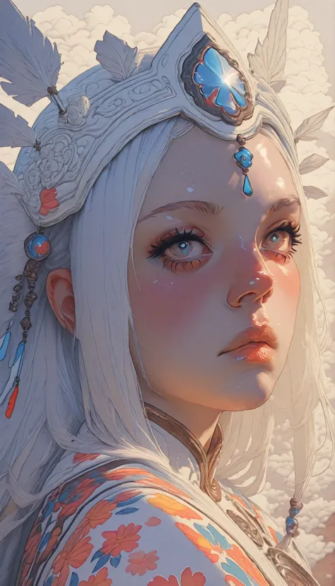 There is a woman with white hair and a colorful headpiece, realistic digital art 4K, realistic digital art , Stunning Anime Face Portrait, Beautiful Digital Art, 4K High Definition Digital Art, shiny digital painting, 8K High Definition Detailed Art, 8k r...