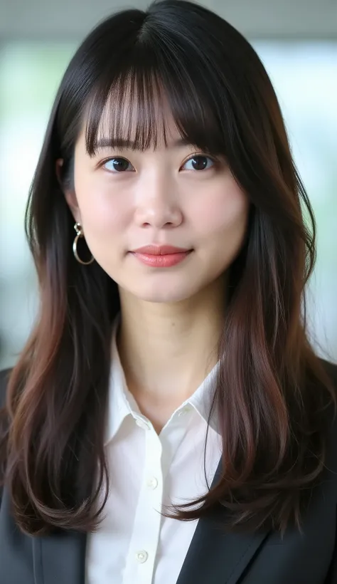 Neat Young Woman、looking at the camera、office lady suit、jacket、shirt、耳にピアス、、黒髪、、虚ろな表情、、、face close-up、The background is office
