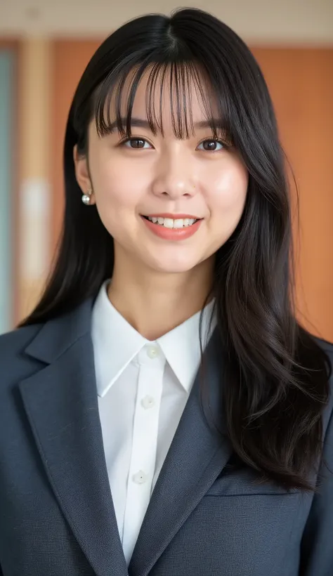 Neat Young Woman、looking at the camera、office lady suit、jacket、shirt、耳にピアス、、、、smile showing teeth、face close-up、The background is office
