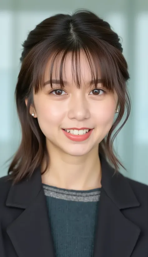 Neat Young Woman、looking at the camera、office lady suit、jacket、shirt、耳にピアス、、薄い茶髪、、smile showing teeth、face close-up、The background is office
