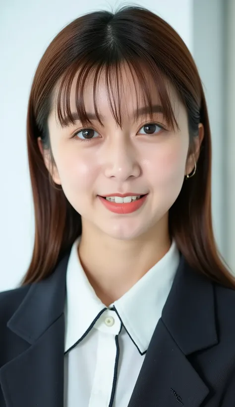 Neat Young Woman、looking at the camera、office lady suit、jacket、shirt、耳にピアス、、薄い茶髪、、smile showing teeth、face close-up、The background is office
