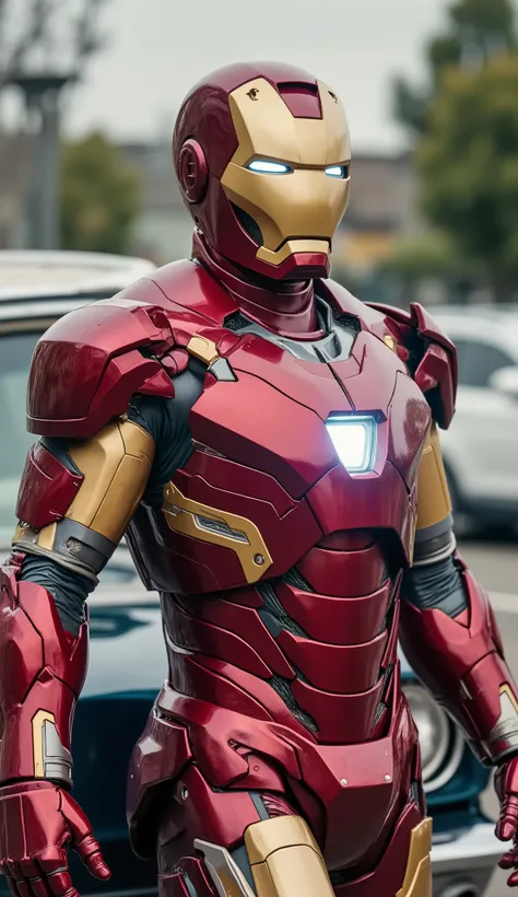 Ben AFFLECK as Iron Man
Metallic red armor with polished gold details. and red helmet with gold details
Reactor on the chest shining in blue with gold frame.
Wide shoulder pads with sharp gold edges.
Microplate details all over the armor.It is leaning ...