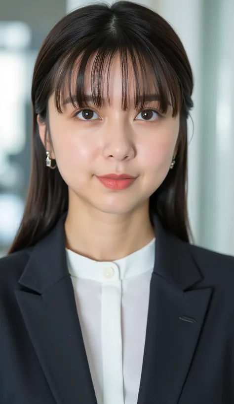 Neat Young Woman、looking at the camera、office lady suit、jacket、shirt、耳にピアス、、無表情、、face close-up、The background is office
