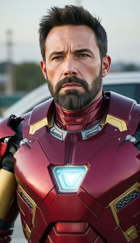 Ben AFFLECK as Iron Man
Metallic red armor with polished gold details.
Reactor on the chest shining blue with gold frame.
Wide shoulder pads with sharp gold edges.
Microplate details all over the armor.It is leaning on an old car, fotografia realista, ...