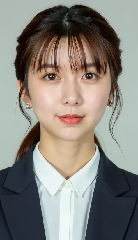 Neat Young Woman、looking at the camera、office lady suit、jacket、shirt、耳にピアス、薄い茶髪、無表情、face close-up、The background is office

