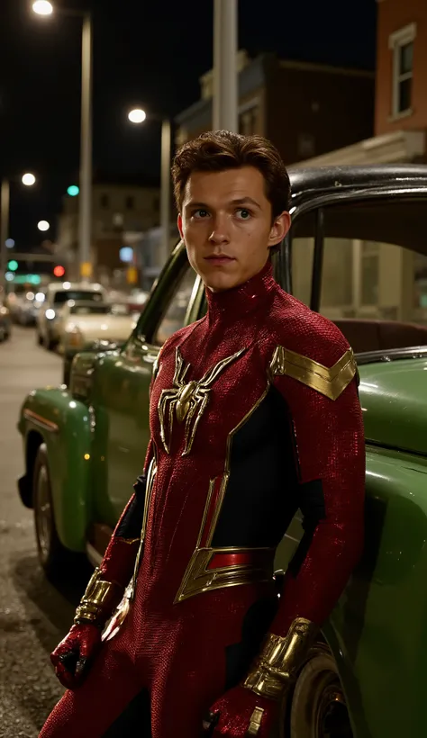 Tom Holland as Spider-Man
Metallic red costume with shiny gold ribbons.
White eyes shining with gold outline.
Mascara
Shoulder pads and boots with red and gold metal plates.
Symbol of the spider on the chest in glowing gold.He is leaning against an old...