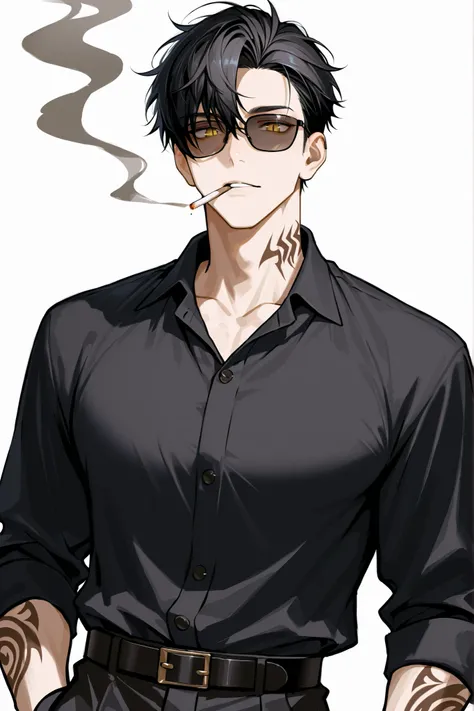 (masterpiece、Highest Quality、high resolution、white background)cowboy shot、solo shot、20 years old、 male、 youth、handsome、black very short hair、asymmetrical bangs、、black collared shirt、black sunglasses、smoking、tobacco、black slacks、yellow eyes、slit pupils、big ...