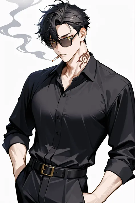 (masterpiece、Highest Quality、high resolution、white background)cowboy shot、solo shot、20 years old、 male、 youth、handsome、black very short hair、asymmetrical bangs、、black collared shirt、black sunglasses、smoking、tobacco、black slacks、yellow eyes、slit pupils、big ...