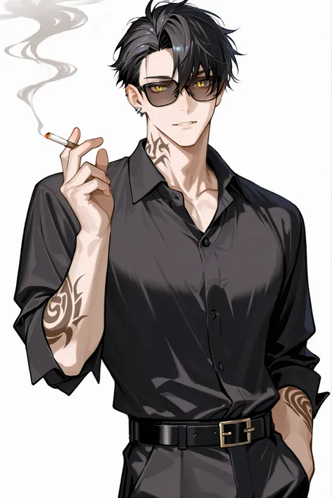 (masterpiece、Highest Quality、high resolution、white background)cowboy shot、solo shot、20 years old、 male、 youth、handsome、black very short hair、asymmetrical bangs、、black collared shirt、black sunglasses、smoking、tobacco、black slacks、yellow eyes、slit pupils、big ...