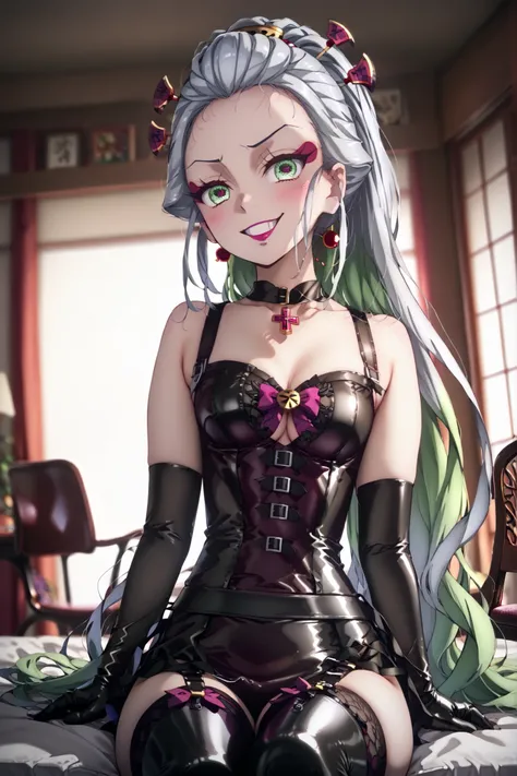 (((sitting cross-legged)))、holding chastity cage:1.4、Queen、((( 1 woman)))、(((solo:1.8)))、(((black latex elbow gloves:1.4)))、(((Black Latex Bustier Dress:1.4)))、(((bustier dress is adorned with beautiful ruffles and lace)))、(((Bustier dress with shoulder st...