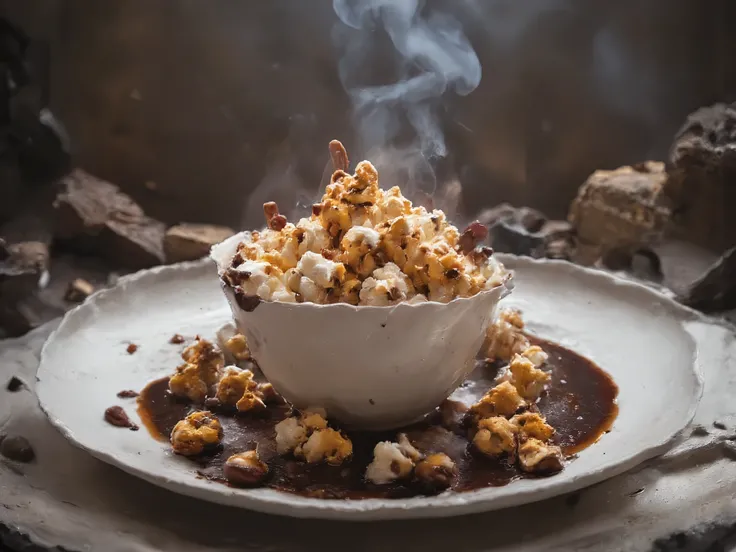 Fine dining surrealist dish, elegant plate with popcorn soaked in espresso coffee, molecular gastronomy style, Michelin star presentation, abstract background, dramatic studio lighting, smoke effect, high detail food photography