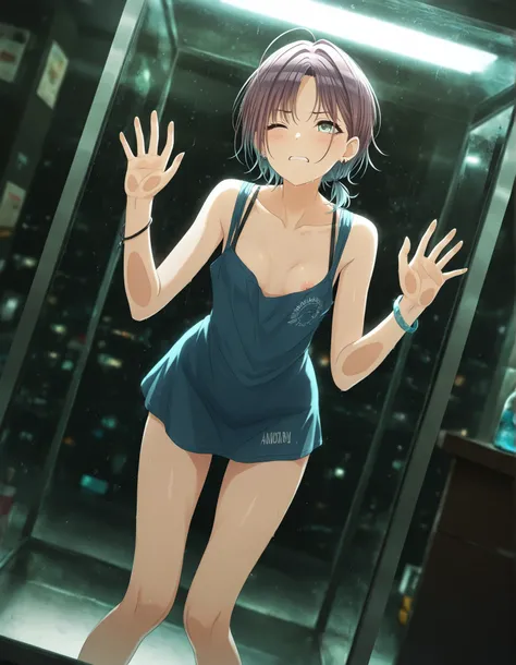 masterpiece,best quality, good quality, dark , ,indoors, ,((glass room ,cinematic light)) shanimas, source_anime,asakura toru, short hair, brown hair, blue hair, blue eyes, half-closed eyes ,from , 1girl, solo, looking away, ahoge,((low ponytail)), earri...