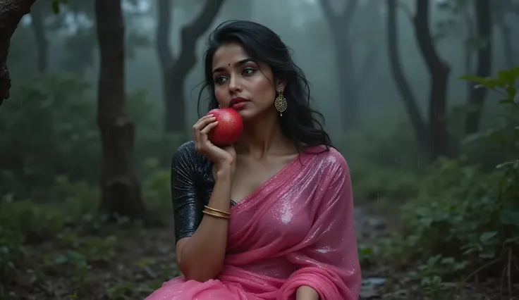 Full hd image of a indian 25 years old girl wearing pink shimmer saree black shimmer half sleeves torn blouse sitting in the scary forest and eating apple in heavy rain