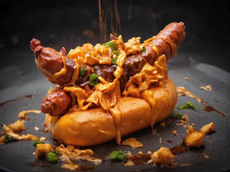 Gourmet surreal hot-dog, sausage in brioche bun, topped with honey glaze and crunchy corn flakes, plated like haute cuisine, elegant sauce lines, creative absurd gastronomy, cinematic lighting, professional food styling