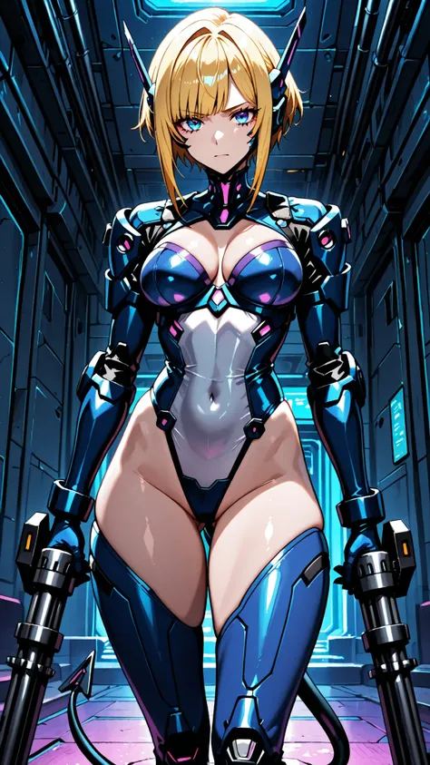 High Quality、masterpiece、最High Quality、Female Android、blonde long、Blue Eyes、sexy expression、binding bra、super high leg cut armor、 White and blue bodysuit、Exposing Battle Outfit、small mega cannon built into the pigeon tail、emerald foot ring on thigh、beam ga...