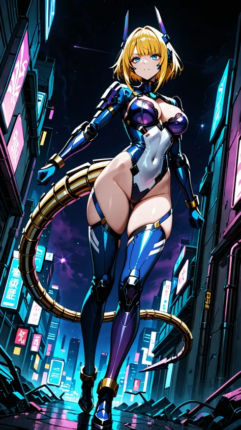High Quality、masterpiece、最High Quality、Female Android、blonde long、Blue Eyes、sexy expression、binding bra、super high leg cut armor、 White and blue bodysuit、Exposing Battle Outfit、small mega cannon built into the pigeon tail、emerald foot ring on thigh、beam ga...