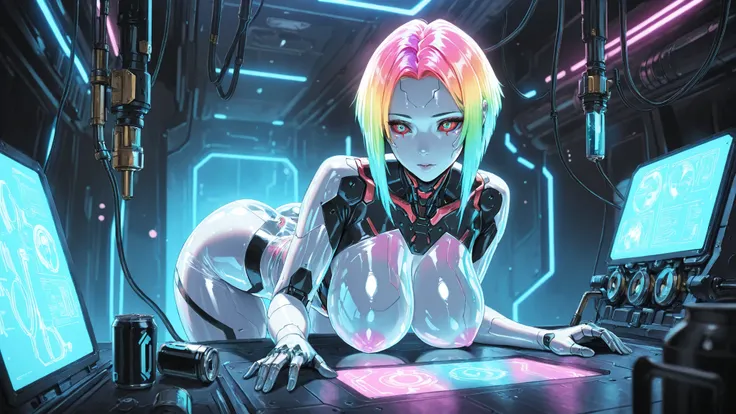High Quality, masterpiece, ultra high res, Feminine Sexy Android, big boobs, Colorful Hair, Smooth Breasts without Nipples, parting line, Mechanical Eye that emits a faint light, precise mechanical joint, Cyberpunk Design, Translucent Synthetic Skin, Preci...