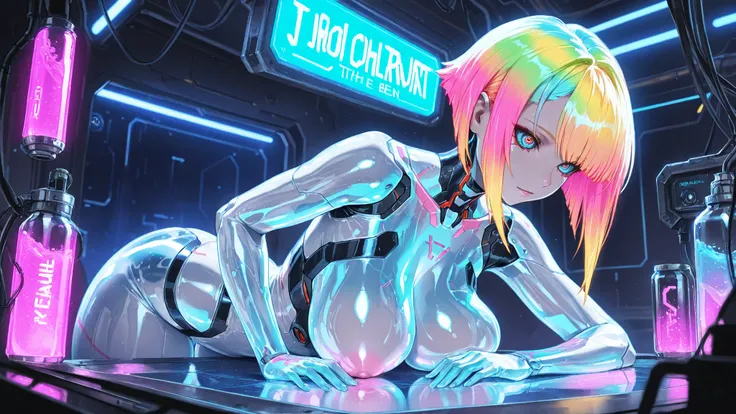High Quality, masterpiece, ultra high res, Feminine Sexy Android, big boobs, Colorful Hair, Smooth Breasts without Nipples, parting line, Mechanical Eye that emits a faint light, precise mechanical joint, Cyberpunk Design, Translucent Synthetic Skin, Preci...