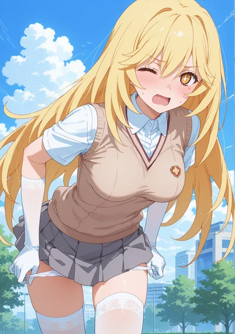 medium breasts、(((shokuhou misaki)))、arm gloves、white gloves、white thighhighs、standing、(leaning forward:1.3)、(face focus)、open mouth、screming、half open eye、one eye closed、from front、embarrassed、white shirt、short sleeves、sweater vest、tokiwadai school unifor...