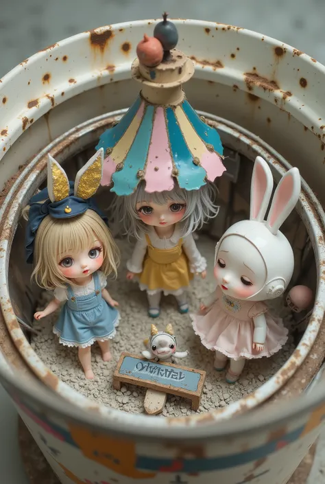 
chibi anime style, super-deformed, kawaii core, cute horror, miniature abandoned amusement park, inside a rusty can, tiny chibi dolls dancing, crooked smiles, broken carousel, sad chibi plush bunny, sparking robot arm, glitching hologram, soft glowing lig...