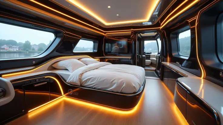 DE_style, The bedroom inside the BMW motorhome is designed with a sleek, futuristic elegance that emphasizes compact luxury. Silver and black chrome walls dominate the space, with glowing golden LED strips embedded seamlessly into the surfaces. These subtl...
