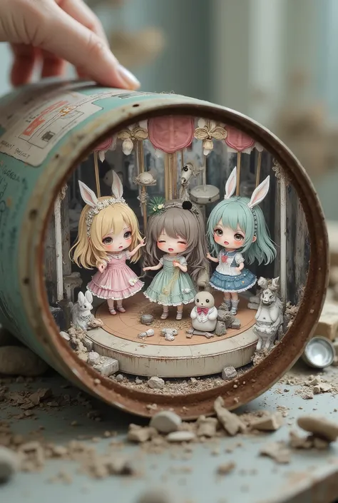 
chibi anime style, super-deformed, kawaii core, cute horror, miniature abandoned amusement park, inside a rusty can, tiny chibi dolls dancing, crooked smiles, broken carousel, sad chibi plush bunny, sparking robot arm, glitching hologram, soft glowing lig...