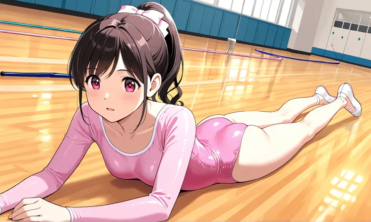 1 girl under school uniform Lolita pink leotard Long Sleeve Leotard Rhythmic gymnastics ponytail from the front in practice Ballet Shoes gymnasium, prone, on stomach,