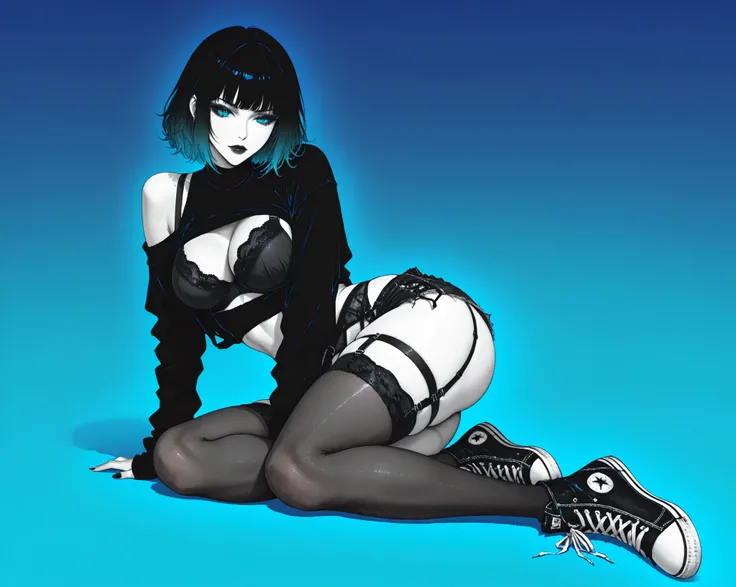 f3tishl1ngerie,f3tishl1ngerie, black bra, black thong, black garter belt,,,woman,sexy harnesses, black cut off shorts, converse sneakers,illustration,gradient,spot color,blue,green.