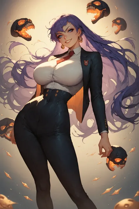 No survivors. Operation complete, Woman in black suit seated supreme winner above several golden skulls on the dog, olhos azuis, long purple hair,  take a serious look, long hair, curvy body, victory smile