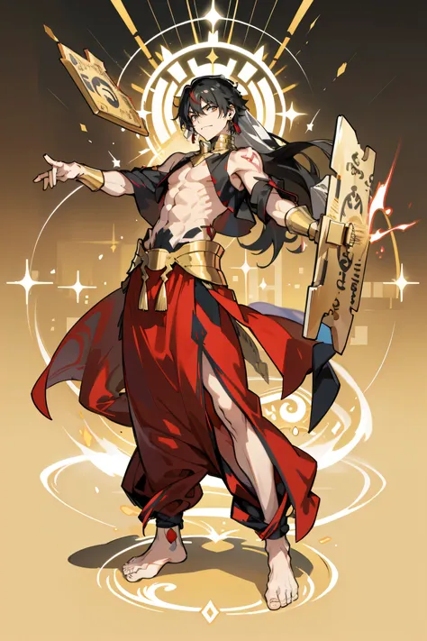 Male,long black hair,Male,red-eyed,Ancient Iraqi outfit,The red gold dress,golden aura detached,barefoot warrior,confident smiley face, aggressive ,half body,Gold jewelry,half body,half body