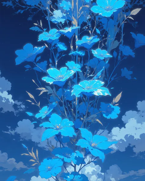 blue flowers falling from the sky. close up 