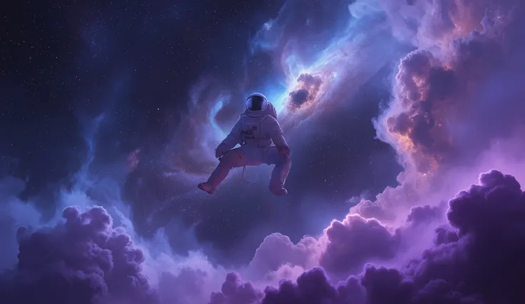 A lone astronaut drifts through a vast and silent cosmic void, surrounded by glowing tendrils of a translucent, violet-blue nebula. Stars twinkle distantly across the background, and a faint spiral galaxy looms on the horizon. The astronaut's suit reflects...