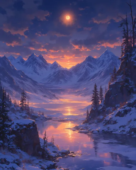 snow capped mountains. night moon. sunset colors