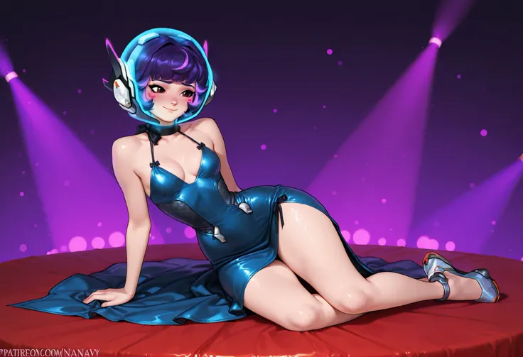 Juno from Overwatch, purple hair, embarrassed, smile, wearing a formal and elegant dress, long navy blue elegant dress, in a party room, big cleavage, sexy dress, provocative dress, small breasts, small waist, medium hips, perfect body, sexually attractive...