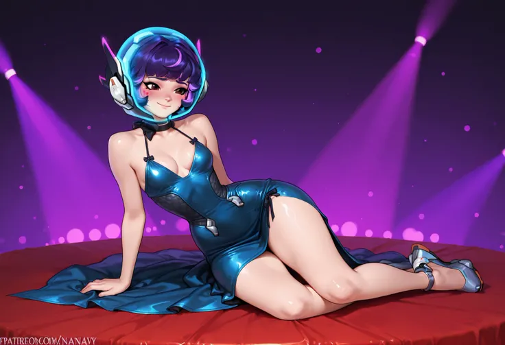 Juno from Overwatch, purple hair, embarrassed, smile, wearing a formal and elegant dress, long navy blue elegant dress, in a party room, big cleavage, sexy dress, provocative dress, small breasts, small waist, medium hips, perfect body, sexually attractive...