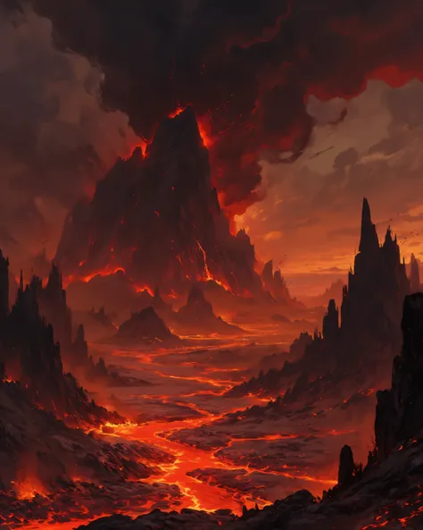 red lava , fire, black smoke