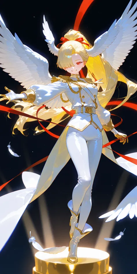 (feathered head wings, white head wings, gold head wings,) The magic girl,postwoman. She has an athletic build, peach colored skin covered with freckles and blush. She has fluffy blonde longest hair dyed in yellow, pulled back in a high ponytail,she has ba...