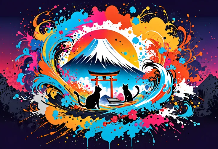 vector art with Colorful illustration with Cat, At the center, swirly vibrant colors，graffiti art，ink spatter，UHD quality, details in 16k, Wild and unbridled，ink wink painting，rich and colorful，visual impact,modern aesthetic,Elegant and simple, Mt.Fuji and...