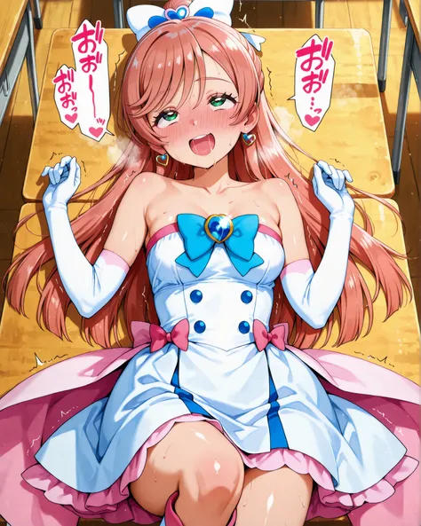 (ultra-detailed),
Nijigaoka Mashiro, magical girl,Hirogaru Sky Pretty Cure,precure,
pink hair,bun hair, high ponytail, very long hair, hair ribbon, white ribbon, hair bow, bangs, Very long fringe,half updo,bangs flop to the side,hair between eyes,green ey...