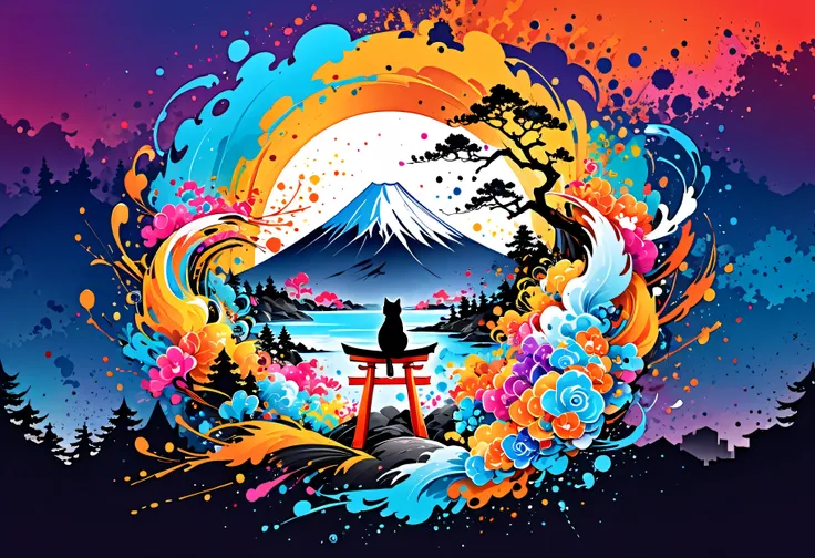vector art with Colorful illustration with Cat, At the center, swirly vibrant colors，graffiti art，ink spatter，UHD quality, details in 16k, Wild and unbridled，ink wink painting，rich and colorful，visual impact,modern aesthetic,Elegant and simple, Mt.Fuji and...