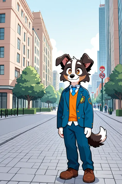 an border collie dog walking in the park at morning wearing a blue furjacket, an orange vest sweater under the jacket and a white shirt with a blue tie under the vest sweater, and blue pants, brown fur:1, city background, happy expression, white eyebrows.