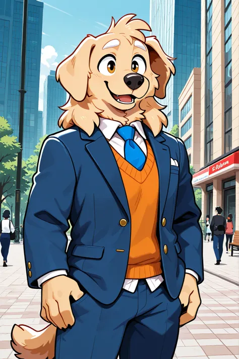 an golden retriever dog walking in the park at morning wearing a blue furjacket, an orange vest sweater under the jacket and a white shirt with a blue tie under the vest sweater, and blue pants, brown fur:1, city background, happy expression, white eyebrow...